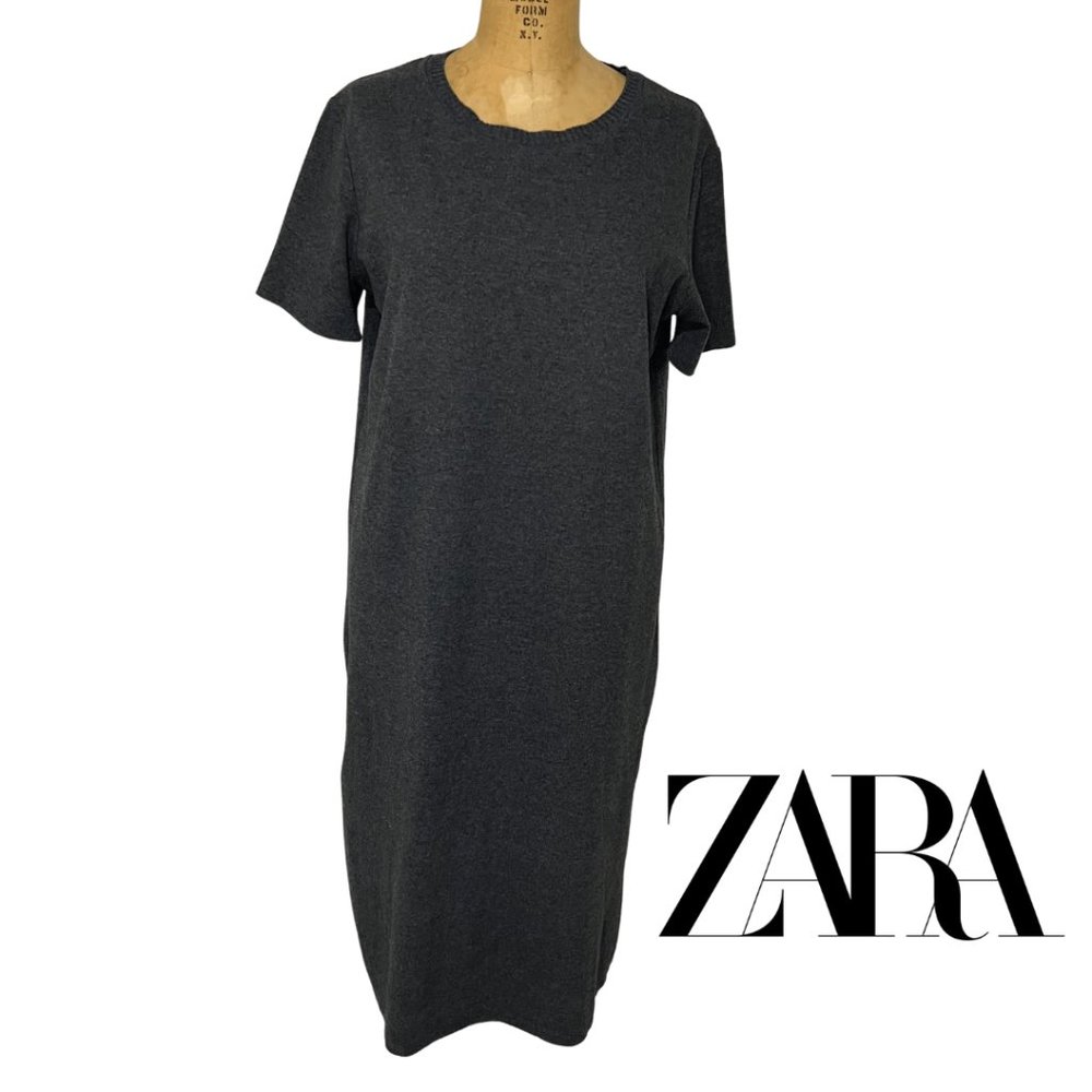 Zara Grey Short Sleeve High Neck Sweater Midi Dress Size M NWOT